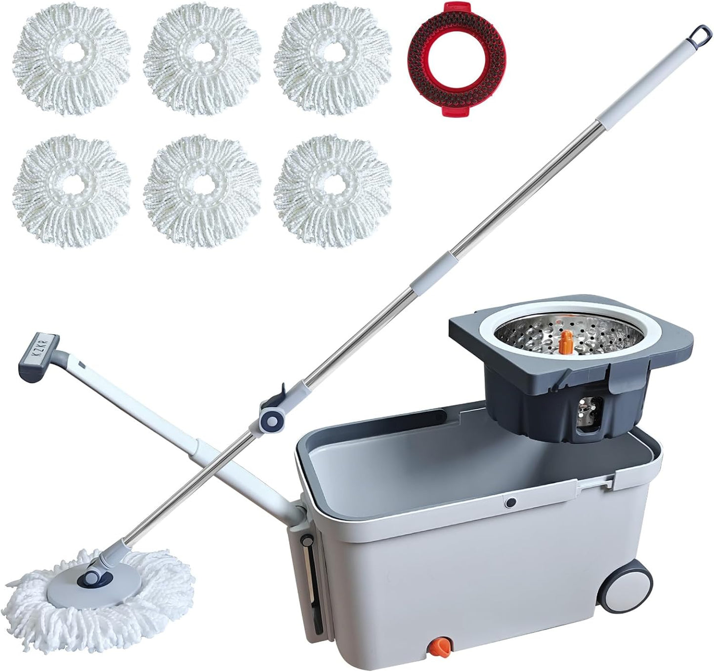 Spin Mop and Bucket with Wringer Set, Bucket with Handle & Wheels, Wiht 6 Microfiber Mop Heads and Brush for Cleaning, 360° Spinning with 60 Inch Extended Pole