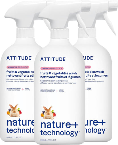 ATTITUDE Fruit & Vegetable Wash, Unscented Food-Safe Produce Wash to Remove Dirt, Wax & Residue, Vegan Plant-Based Produce Cleaner, 27.1 Fl Oz