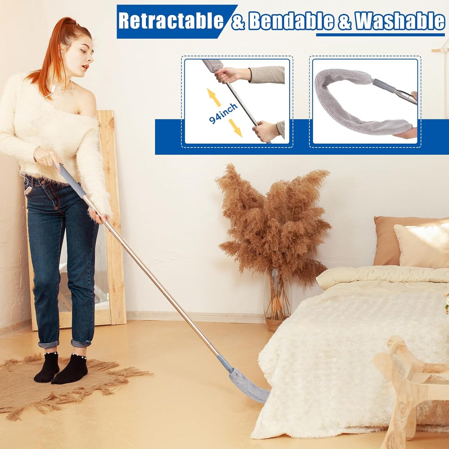 9PCS Dusters for Cleaning,Extendable Microfiber Duster with Extension Pole Up to 100'',Bendable Washable and Reusable Dusters Kit for Ceiling Fans, High Ceilings,Blinds,Furniture and Cars