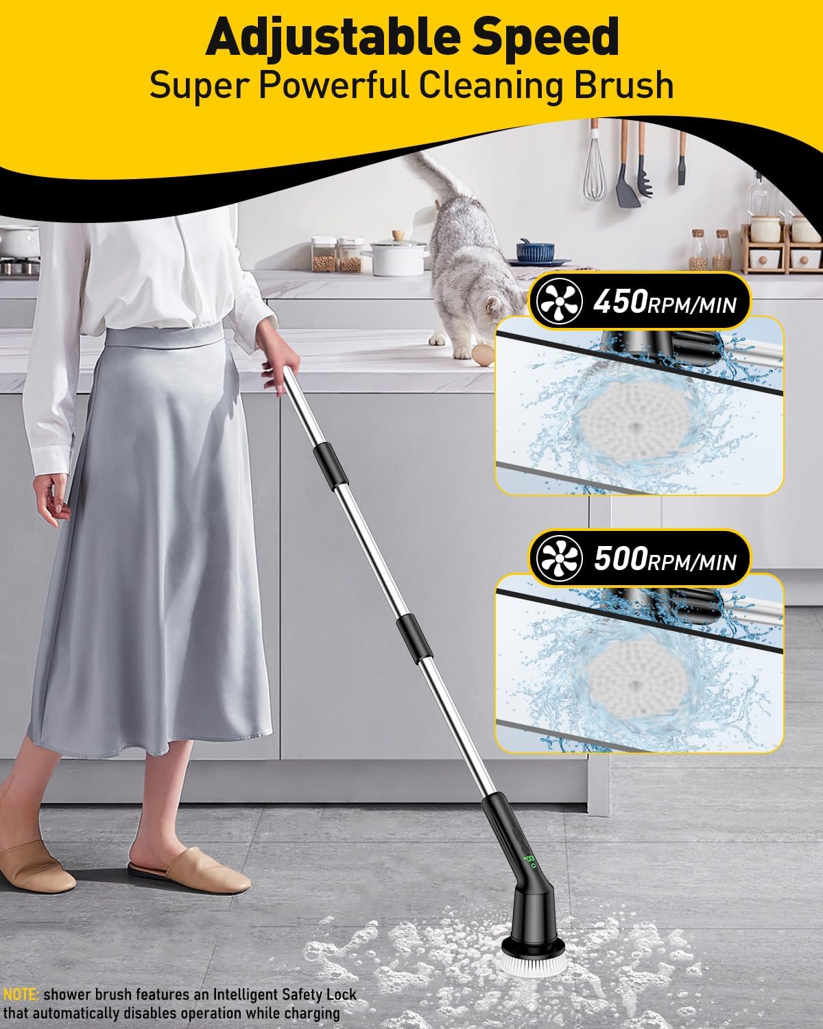 Shower Scrubber with Long Handle, Shower Cleaner Brush with 8 Brush Heads, Cordless Electric Spin Scrubber for Cleaning with 2 Speed, Cleaning Supplies for Bathroom Bathtub Kitchen Floor Tile Toilet