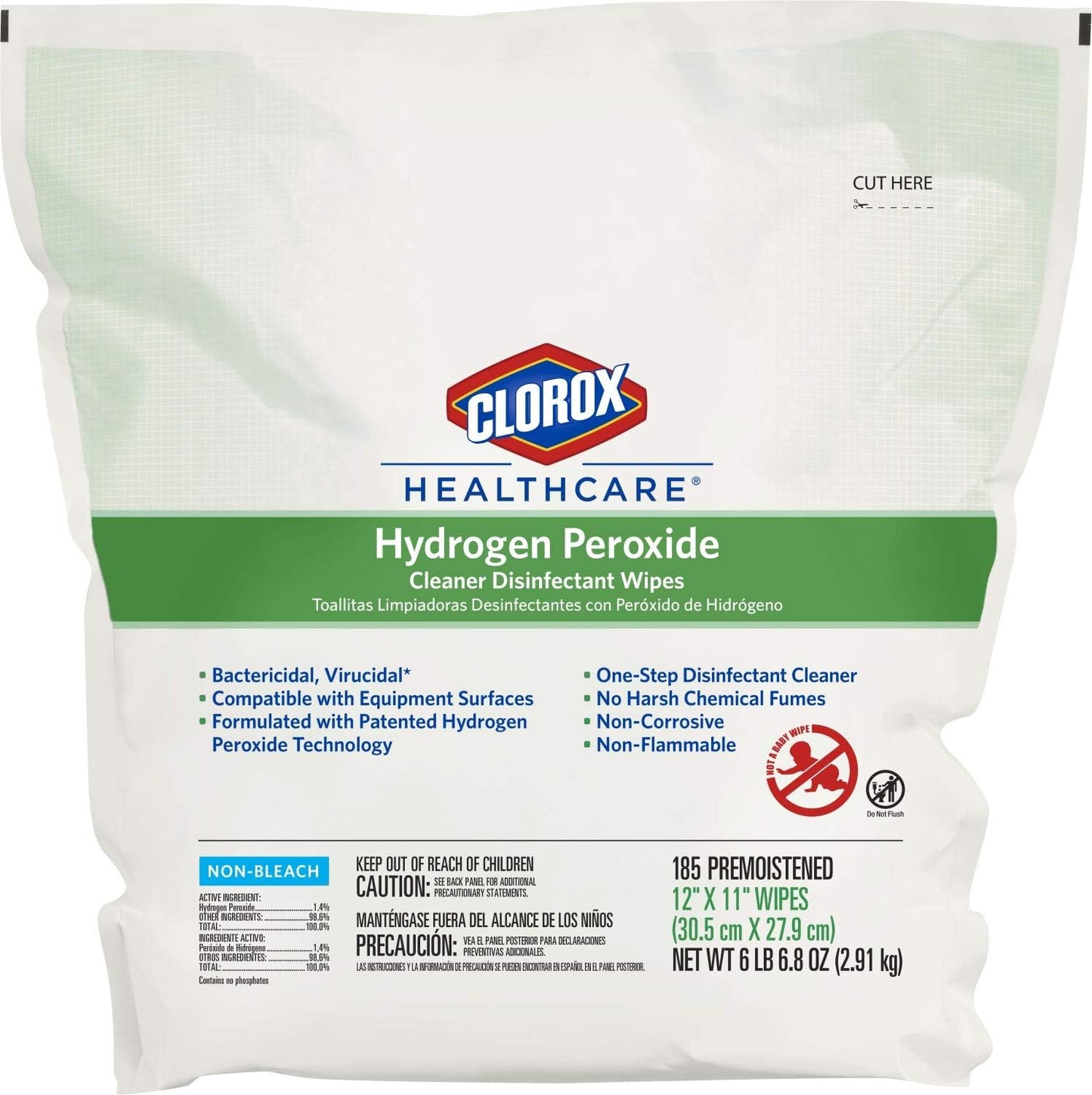Clorox Healthcare Hydrogen Peroxide Cleaner Disinfectant Wipes, 12" x 11", Bucket, 185 Count (Package May Vary)
