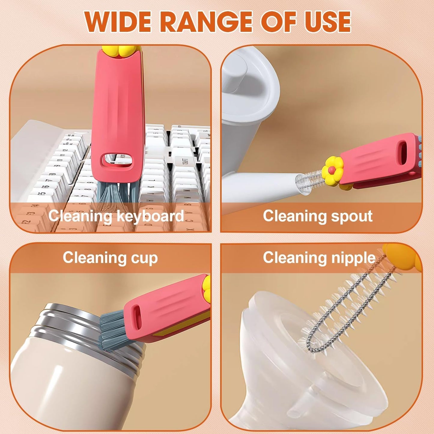 4-in-1 Bottle Cleaning Brush Set, Multifunction Silicone Cup Lid Gap Cleaner, Home Kitchen Crevice Cleaning Tools, 3 Pcs, Multicolor