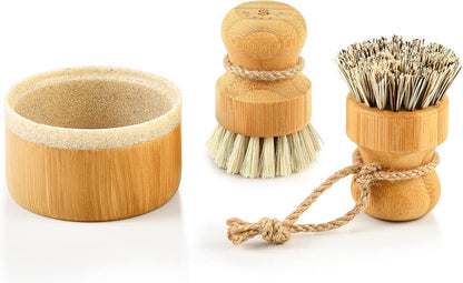 Bamboo Dish Scrub Brushes,Kitchen Wooden Cleaning Scrubbers Set for Washing Cast Iron Pan/Pot, Natural Sisal Bristles, Set of 3