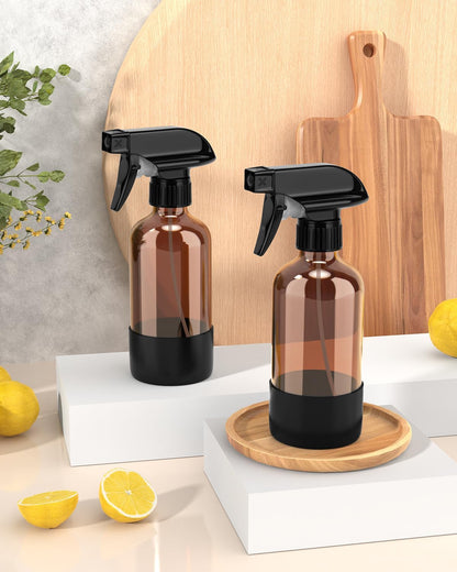 Bontip Glass Spray Bottle with Silicone Sleeve Protection, Amber Glass Spray Bottle Set for Window Cleaner Aromatherapy Facial Hydration Watering Flowers Hair Care 2 Pack/16 oz (Black & Brown)