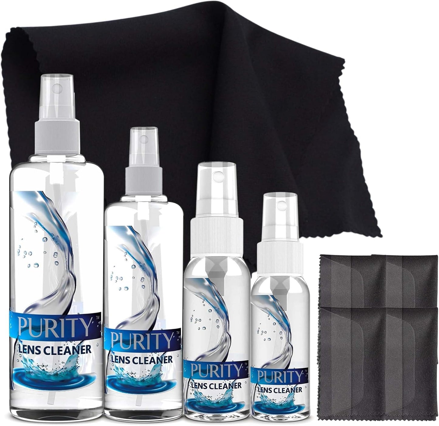 Purity Eyeglass Lens Cleaner Kit - 2 x 8oz and 1 x 2oz Lens Cleaner Spray Bottle + 2 Microfiber Cleaning Cloths - Safe for All Lenses (AR Coated Included), Eyeglasses and Screens - Clear