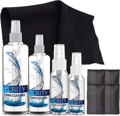 Purity Eyeglass Lens Cleaner Kit - 2 x 8oz and 1 x 2oz Lens Cleaner Spray Bottle + 2 Microfiber Cleaning Cloths - Safe for All Lenses (AR Coated Included), Eyeglasses and Screens - Clear