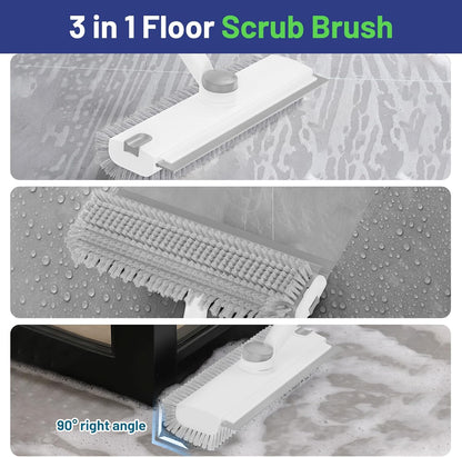 Floor Scrub Brush with Long Handle: 3 in 1 Heavy-Duty Floor Scrubber Brush with Squeegee for Cleaning Tile Bathroom Deck Kitchen Patio - Blue