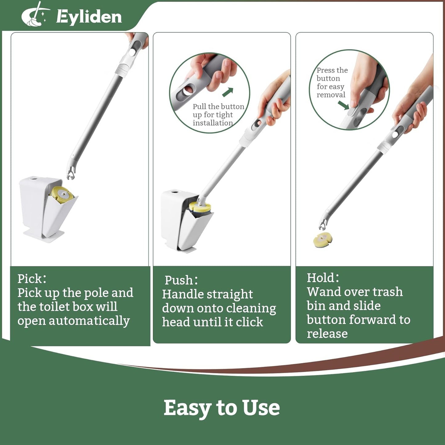 Eyliden Toilet Brush and Holder with 40 Refills, Disposable Toilet Cleaning Wand Kit with Pre-Soaked Sponge Heads, Hands-Free Toilet Bowl Cleaner Scrubber for Bathroom, 360° Cleaning, White