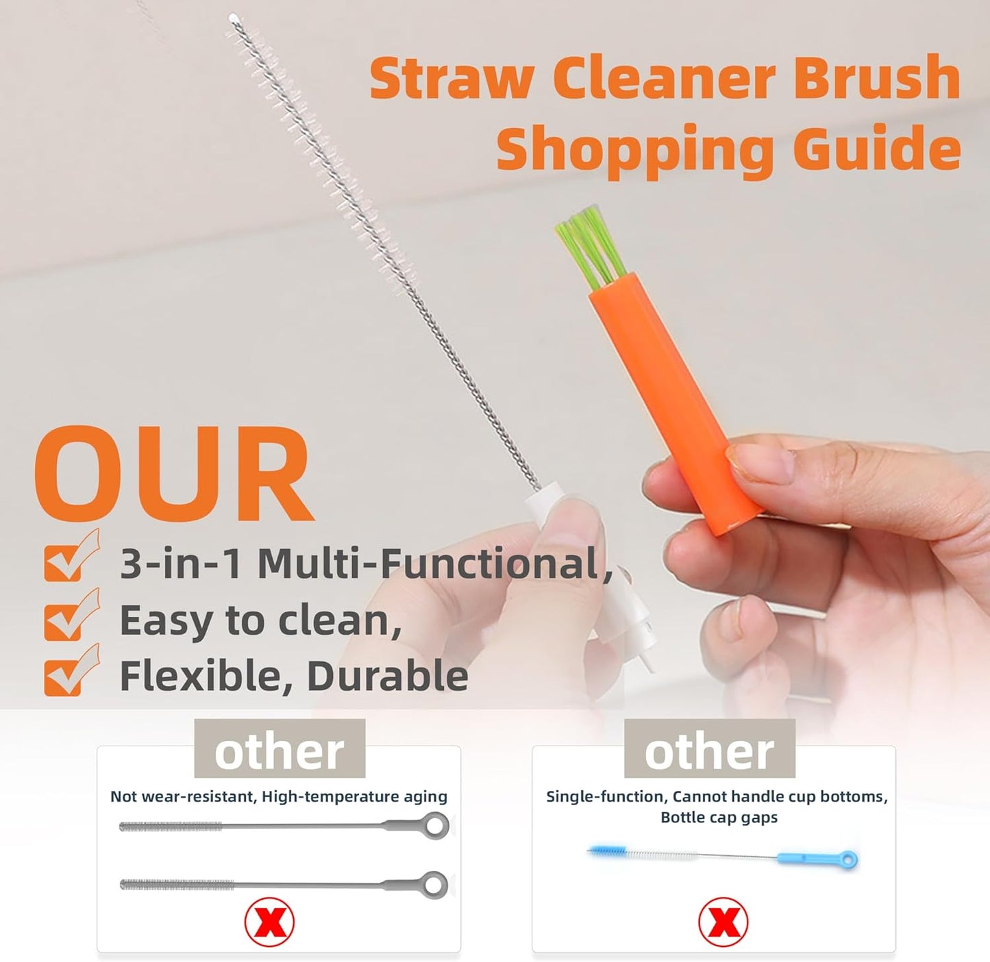 PROOCI Straw Cleaner Brush for Stanley, 2-Pack Multi 3 in 1 Long Straw Cleaning Brush Set for Reusable Straws, Tumblers, Lids, Sippy Cups, Water Bottle, Nipples & Fine Gaps - Orange & Gray