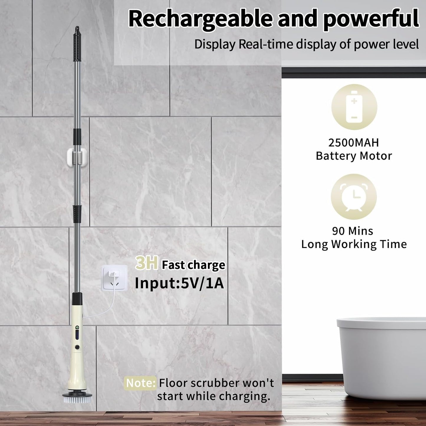 Electric Spin Scrubber, Hillyfe Bathroom Scrubber Electric with 7 Replaceable Brush Heads, IPX7 Waterproof,300/400 RPM, 3 Adjustable Length,Scrubber Brush Electric for Bathtub Floor,White