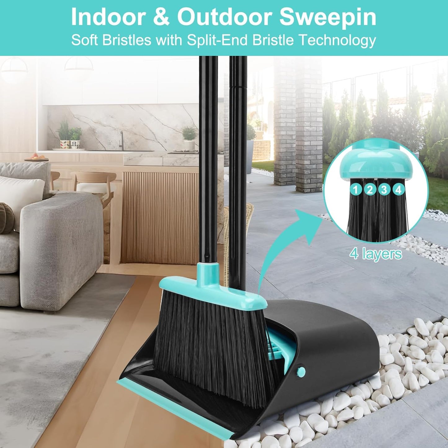 Upgrade Broom and Dustpan Combo Set, Extendable 52" Long Handle Broom for Easy Sweeping, Self-Cleaning Dust pan Teeth for Pet Hair, Perfect for Home, Kitchen, and Office