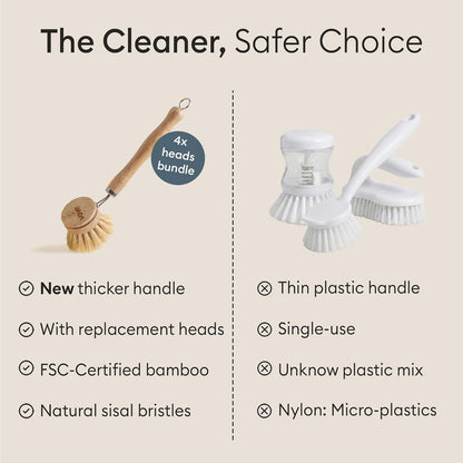 Vove Bamboo Dish Brush, FSC-Certified - Includes 3 Replacement Heads - Natural Fiber Bristles - Non-Toxic, Plastic-Free - Scrub Brush for Pots, Pans & Dishes