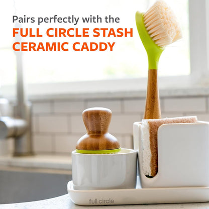 Full Circle Bubble Up Bamboo Dish Brush & Ceramic Soap Dispenser – Family Safe, Formaldehyde-Free – Kitchen Scrub Brush for Dishes, Nonstick & Cast Iron, White