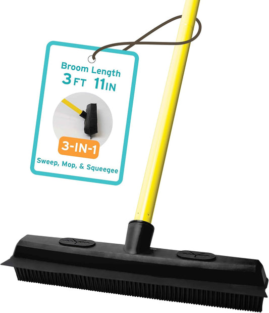 FURemover Sweep Pet Hair Rubber Broom with Squeegee and Attachable Microfiber Cloth and 47” Handle for Tile, Carpet and Hardwood