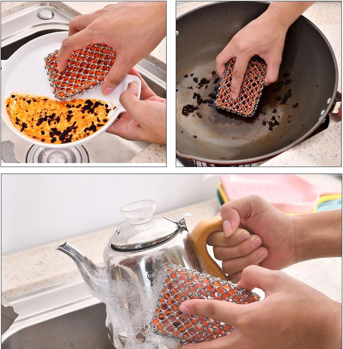 NTMY 316 Stainless Steel Pan Cleaner with Silicone Core – 4.5 Inch Dish Pot Brush,Cast Iron Scrubber, Metal Dish Scrubber,Dish Pot Brush,Chain Mail Scrubber for Oven&Grill Kitchen Cleaning Black