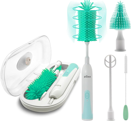 Electric Bottle Brush Cleaner, Portable Electric Baby Bottle Brush Cleaner for Travel, Rechargable Travel Bottle Cleaner Kit with Nipple & Straw Brush, Perfect Mom Essentials After Birth Gift, Green