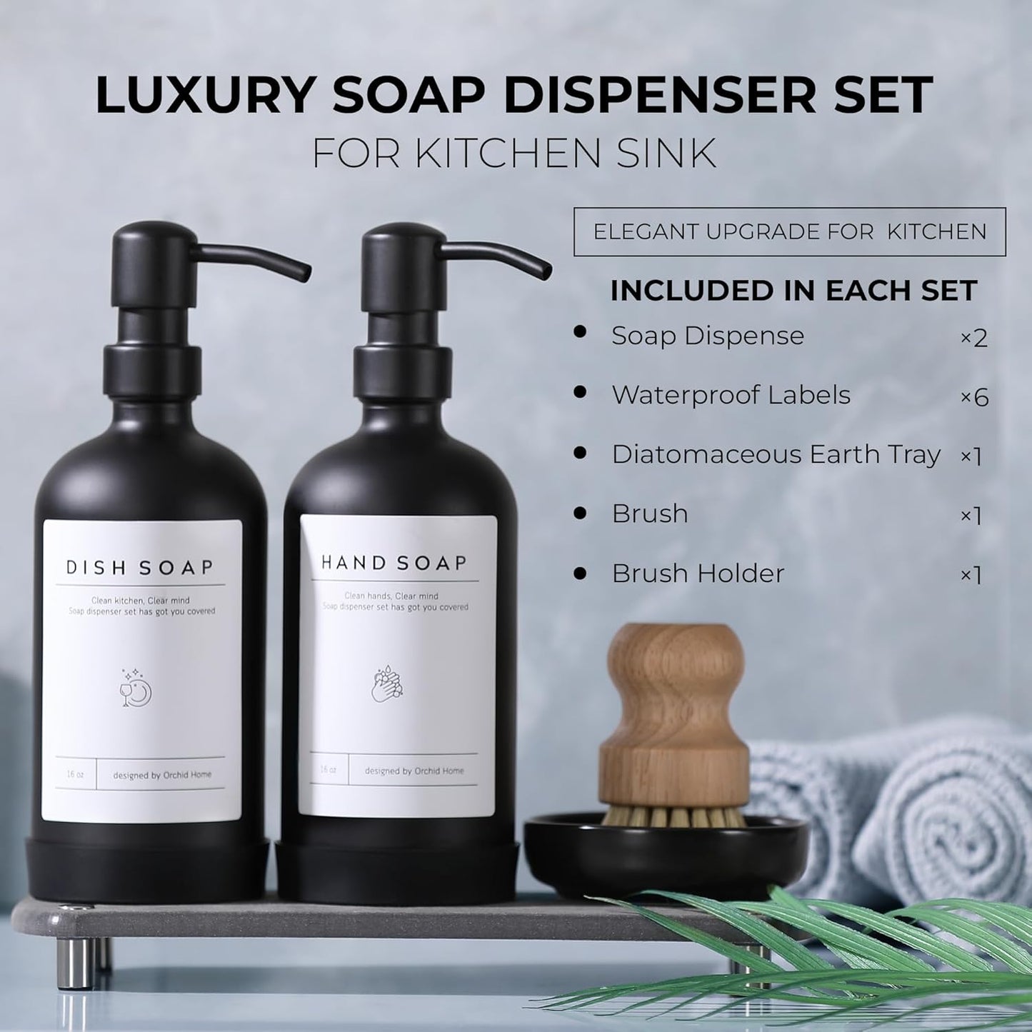 [Luxury] Kitchen Soap Dispenser Set - 16OZ Amber Glass Bottle, Stainless Steel Pump, Instant Dry Tray, Waterproof Labels, Non-Slip Silicone Pad, and Dish Brush | Upgrade for Your Kitchen and Bathroom