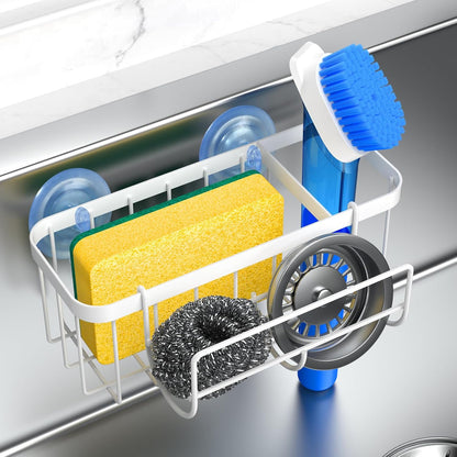 3-in-1 Kitchen Sink Caddy Organizer with Sponge Holder, Brush Holder, Extra Rack for Scrubber, Sink Stopper, Dish Cloth Hanger - Strong Dual Suction Cup, 2.0mm SUS304 Stainless Steel - Grey