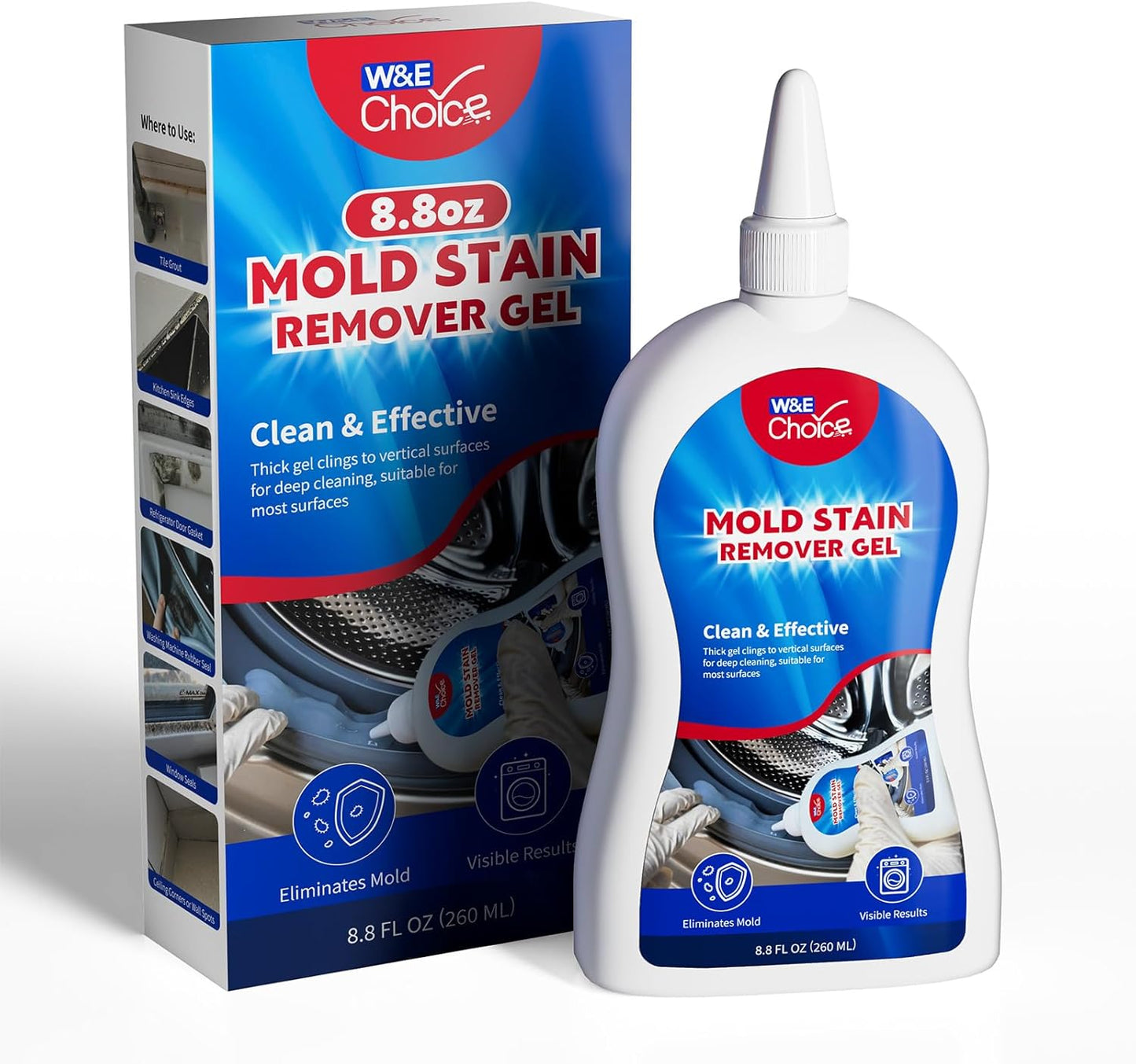 W&E Choice Stain Remover Gel Cleaner for Shower, Bathroom Tile Grout and Caulk - Heavy Duty Cleaner for Front Load Washing Machine Rubber Seal - No Scrubbing Gel Formula, 8.8 Fl Oz