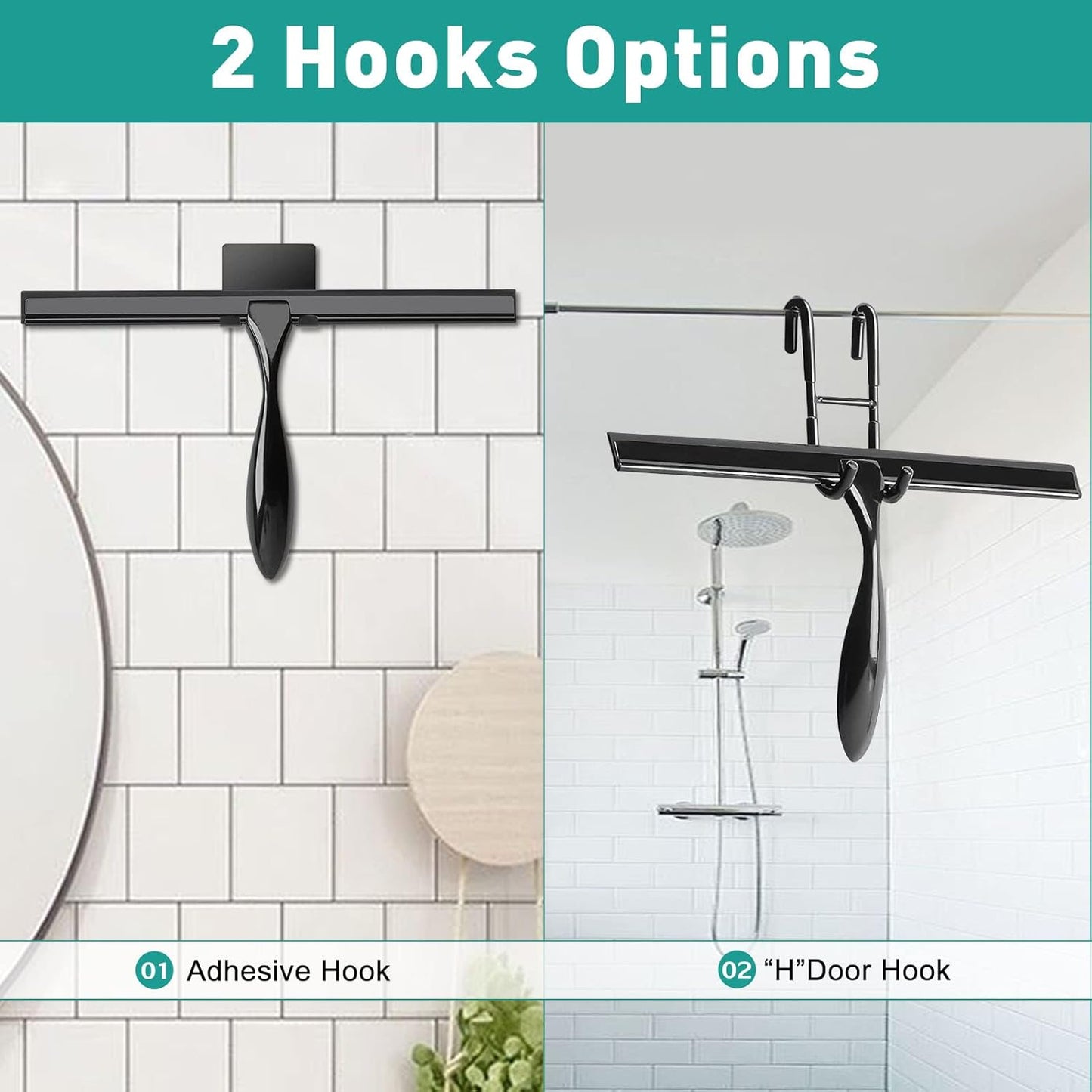 Shower Squeegee for Glass Doors,12-Inch Shower Glass Squeegee, Sliver Shower Squeegee for Shower Doors,Mirror,Windows, with Shower Door Hook and Adhesive Hook