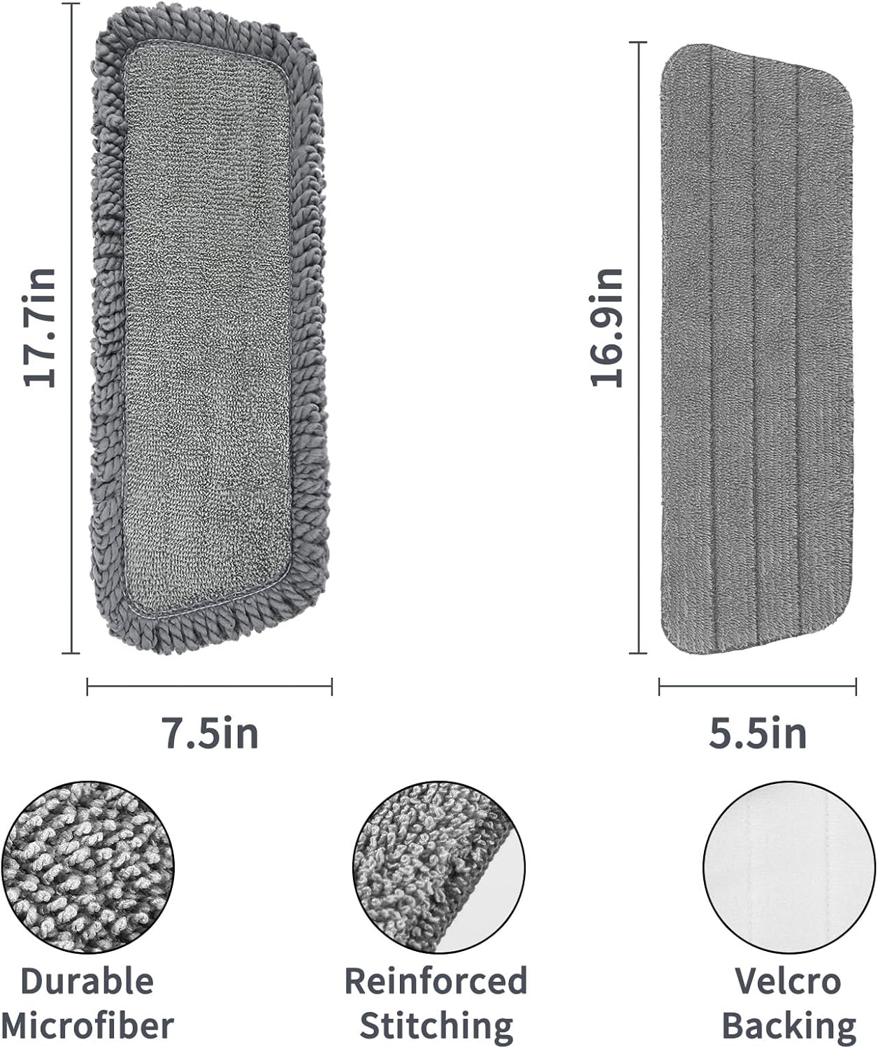 16.5 inch Mop Pads Refills, 3 Pack Microfiber Reusable Replacement Mop Pads Flat Replacements Heads for Wet Or Dry Floor Cleaning and Scrubbing, Grey Tassel Cloth