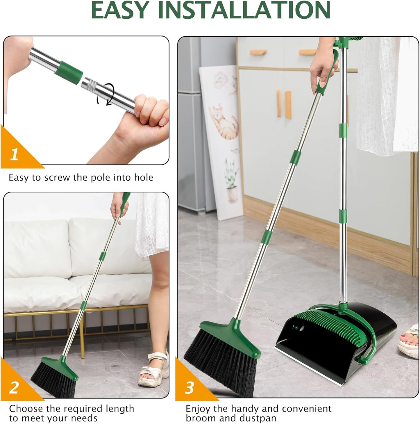 Broom and Dustpan Set with Long Handle, Light Weight Stainless Steel Poles Stand Upright Dustpans with Broom Combo for Home Kitchen Office Pet Dog Hair, 1-Pack (Purple)