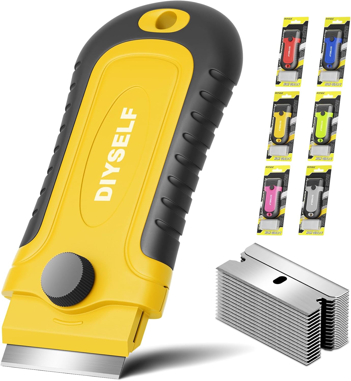 DIYSELF 1 Pack Razor Blade Scraper with 15 Extra Blades, Scraper Tool for Cleaning Window, Paint, Cooktop, Oven, Glass Stove Top Scraper, Razor Scraper with Buit-In Blade Storage