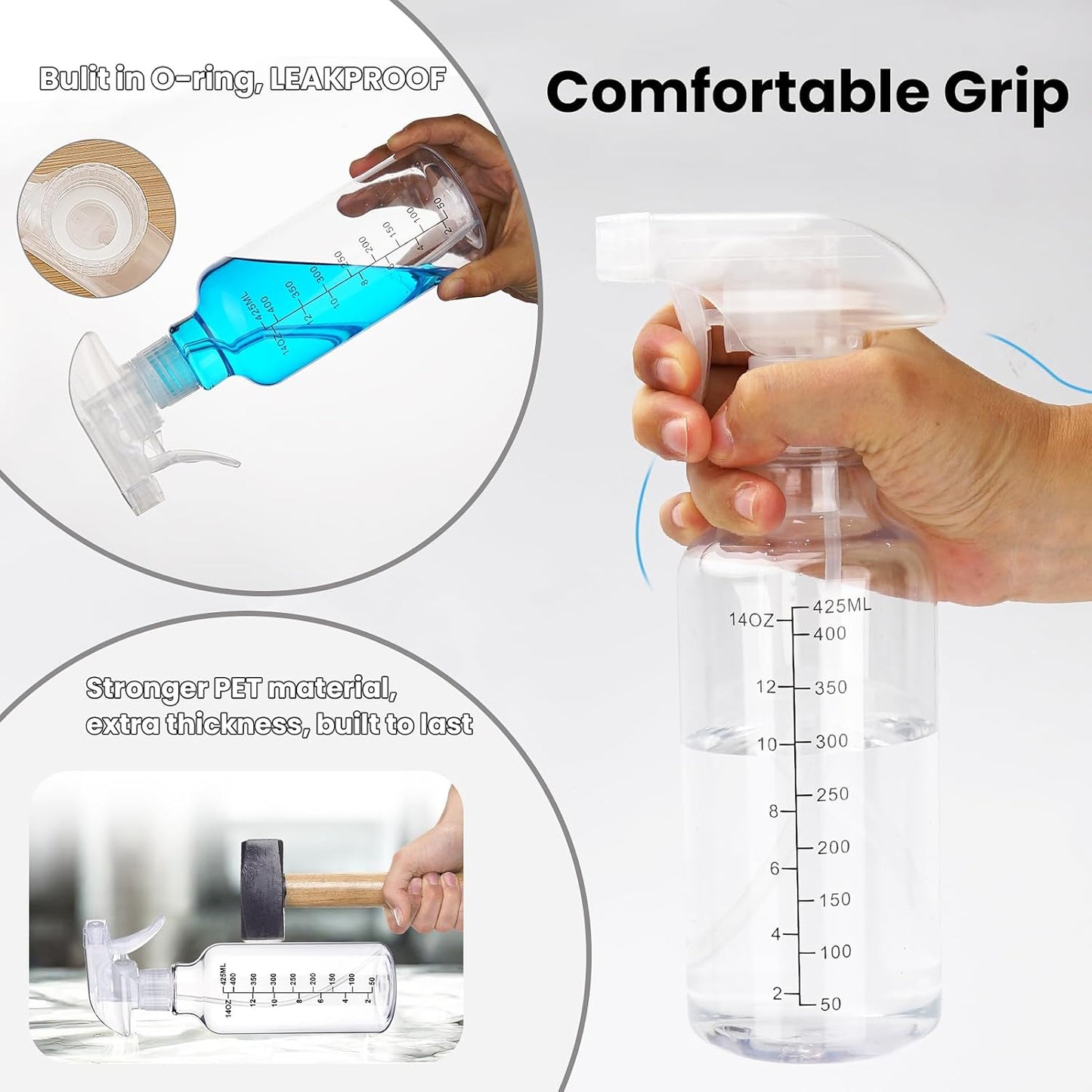Plastic Spray Bottles Empty Spray Bottle 16.9oz/500ml 2 Pack Heavy Duty Spraying Bottles Mist/Stream Water Bottle for Cleaning Solutions, Essential Oils, Hair (Clear)