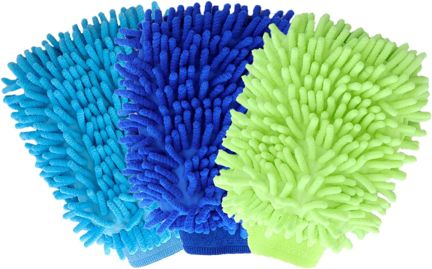 3PK Microfiber Car Wash Mitts Scratch Free Double Sided Cleaning Drying Mitts Wash Gloves for Car Washing Supplies Trucks Motorcycles (Blue+Green+Royal Blue)