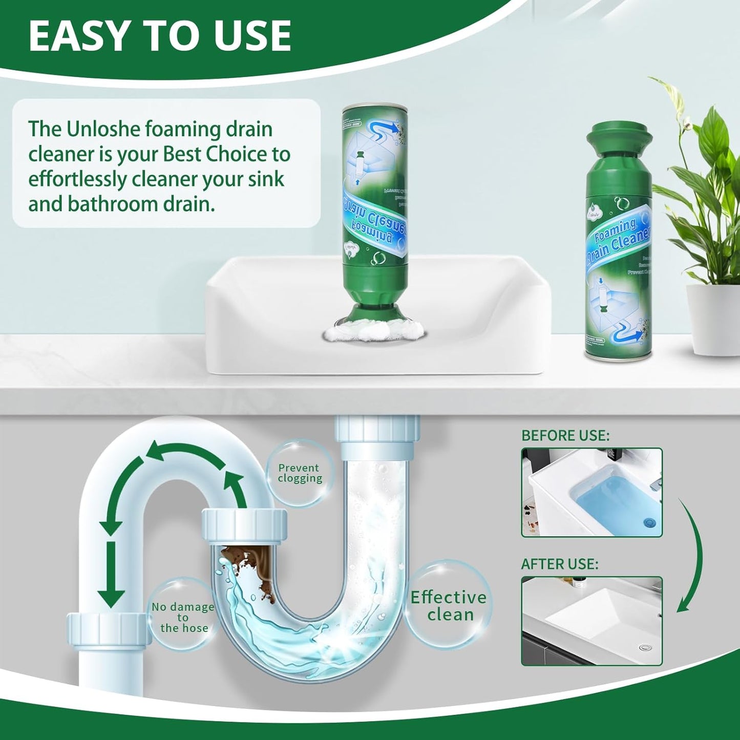 Foaming Drain Cleaner, Sink Drain Cleaner Foam, Drains Clog Remover for Bathroom Sinks, Tubs, Washbasin (2PCS)