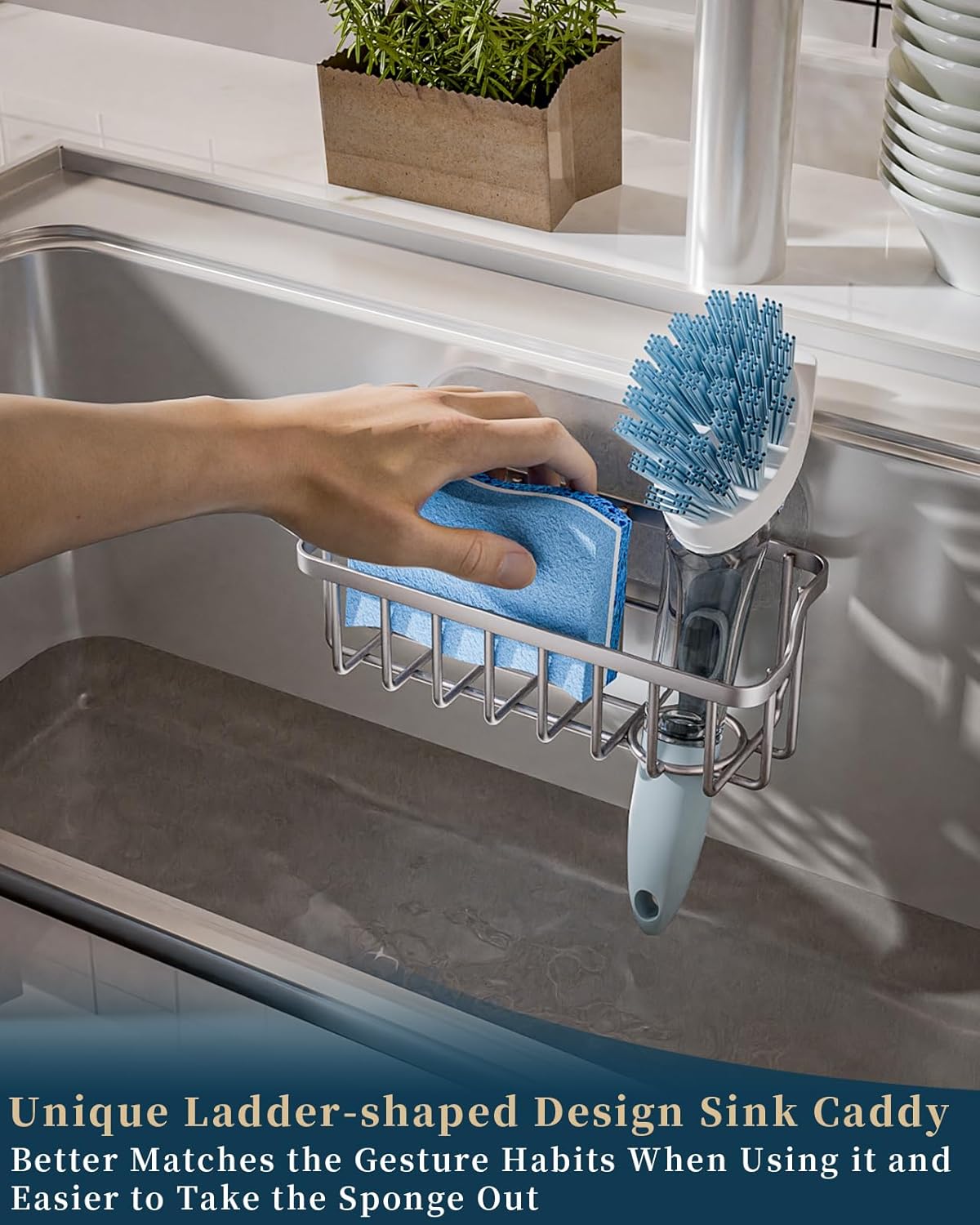 Consumest Sponge Holder Sink Caddy - Ladder Shaped Sponge Holder for Kitchen Sink with 2 Installation Ways (Suction Cups & Adhesive Hook), Rustproof Stainless Steel Kitchen Organizer, Silver