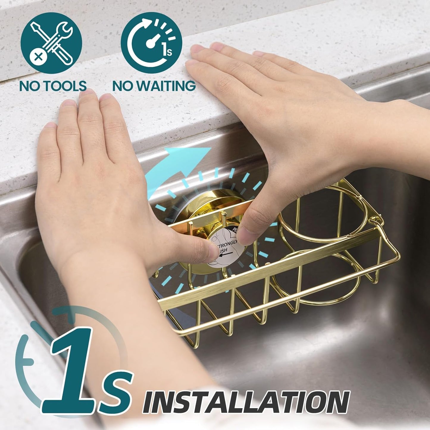 TAILI 4-in-1 Sink Caddy with Strong Suction Cup, Sponge Holder for Kitchen Sink Organizer, Removable, Rustproof, Stainless Steel Holder for Sponge, Brush, Scrubber, Scraper - Silver