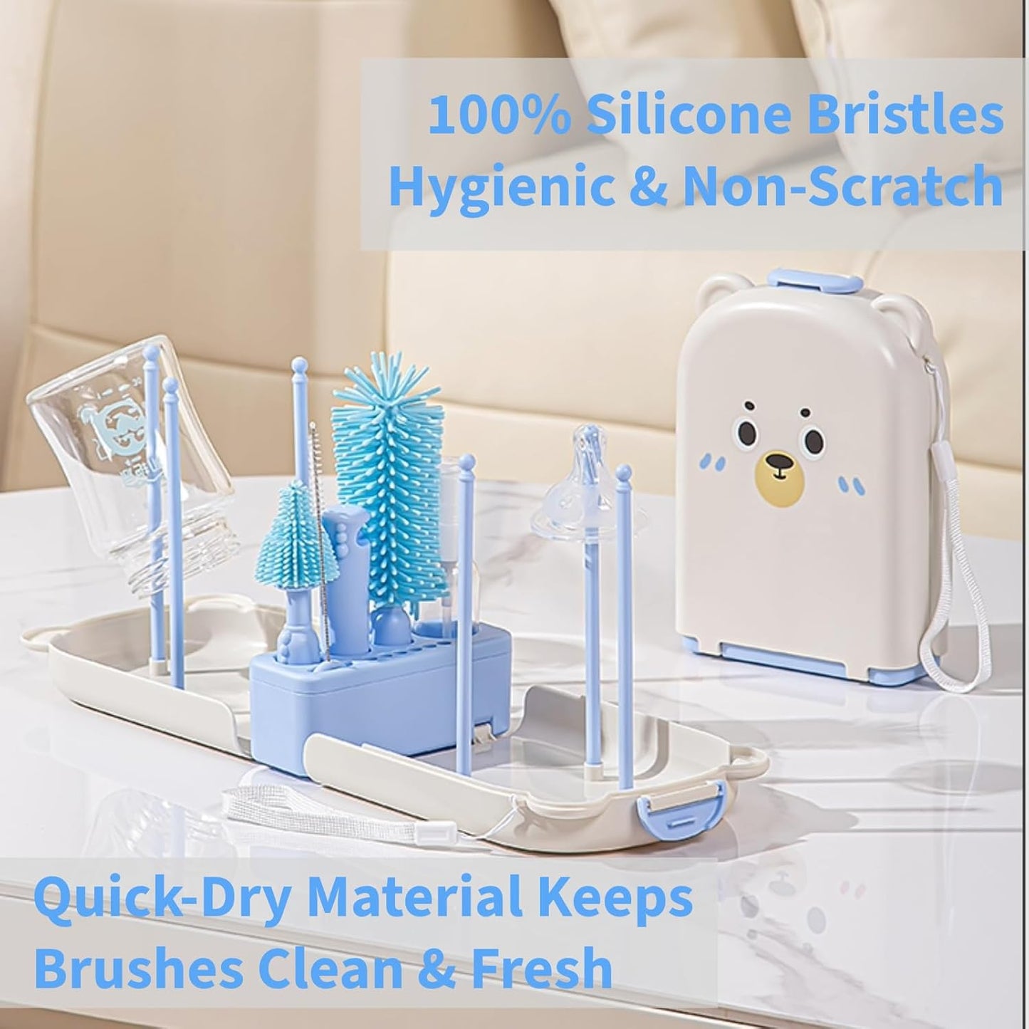 Travel Bottle Cleaner kit, 7in1 Baby Toddler Travel Essential Silicone Bottle Brush Set, Nipple, Drying Rack, Straw, & Breast Pump Cleaning, Soap Dispenser & Organizer Case, Gift Mom