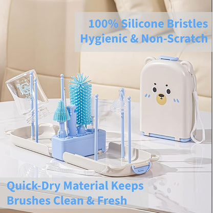 Travel Bottle Cleaner kit, 7in1 Baby Toddler Travel Essential Silicone Bottle Brush Set, Nipple, Drying Rack, Straw, & Breast Pump Cleaning, Soap Dispenser & Organizer Case, Gift Mom