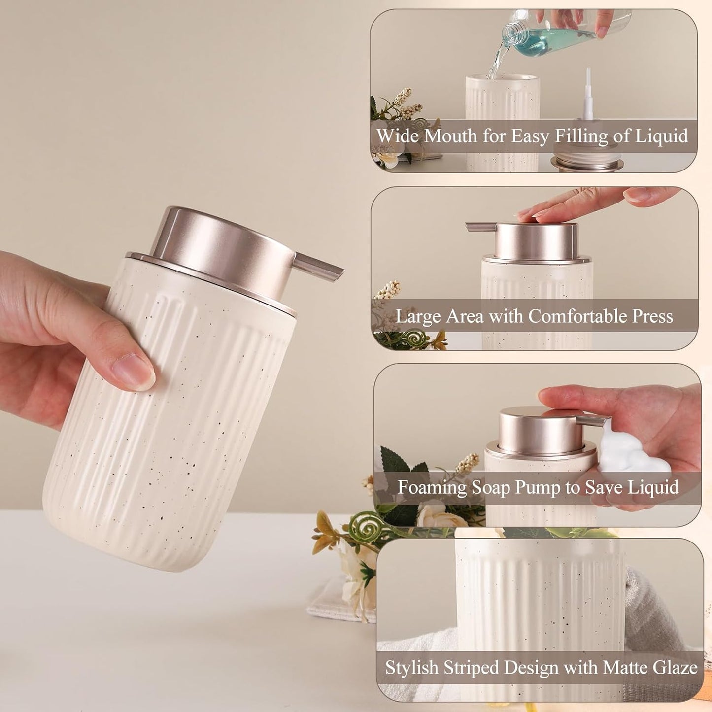 BosilunLife Dish Hand Soap Dispenser - Liquid Pump Soap Dispenser for Bathroom Decro 12oz Ceramic Kitchen Dish Dispenser with Rust-Proof Liquid Pump Modern Refillable Lotion Bottles