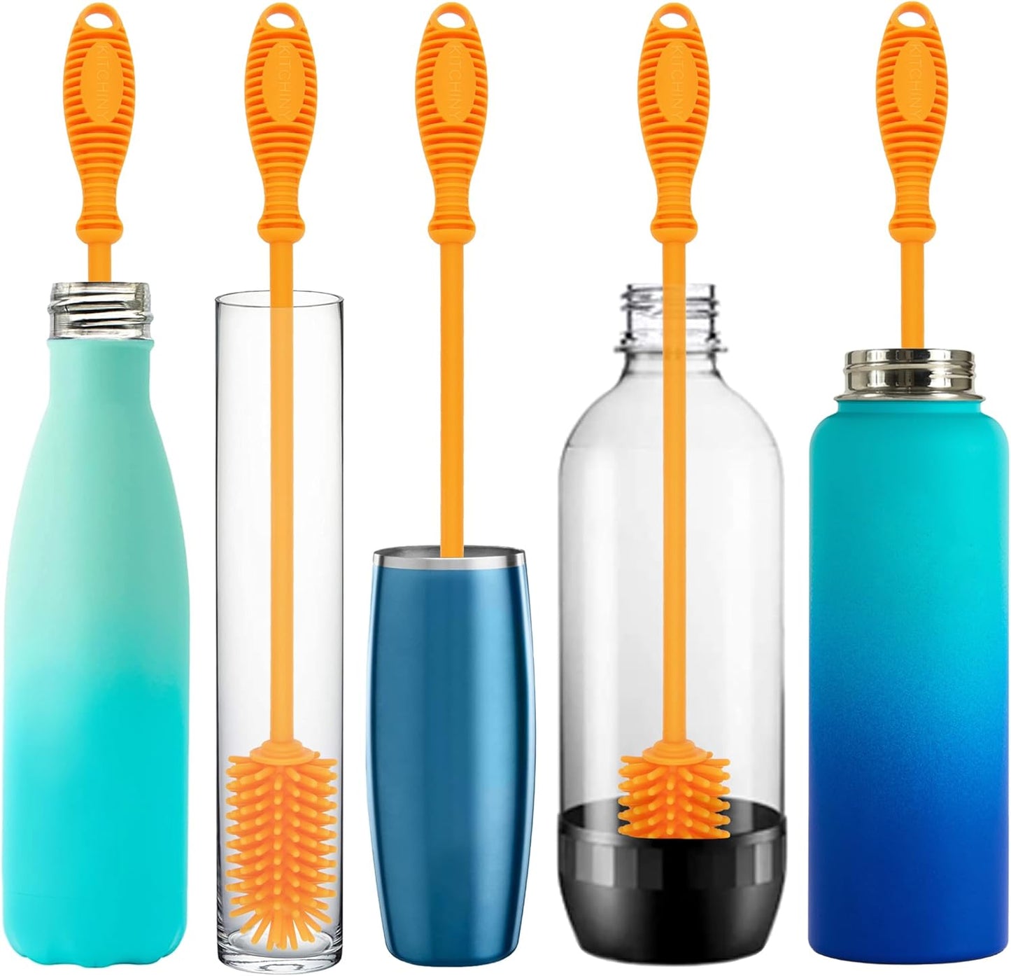 Kitchiny Silicone Bottle Brush with 2 Straw Cleaners - 12.5” Water Bottle Cleaner Brush for Yeti, Hydro Flask, Owala, Stanley, Baby Bottles, Glassware, Vases & Narrow Neck Containers - Grey