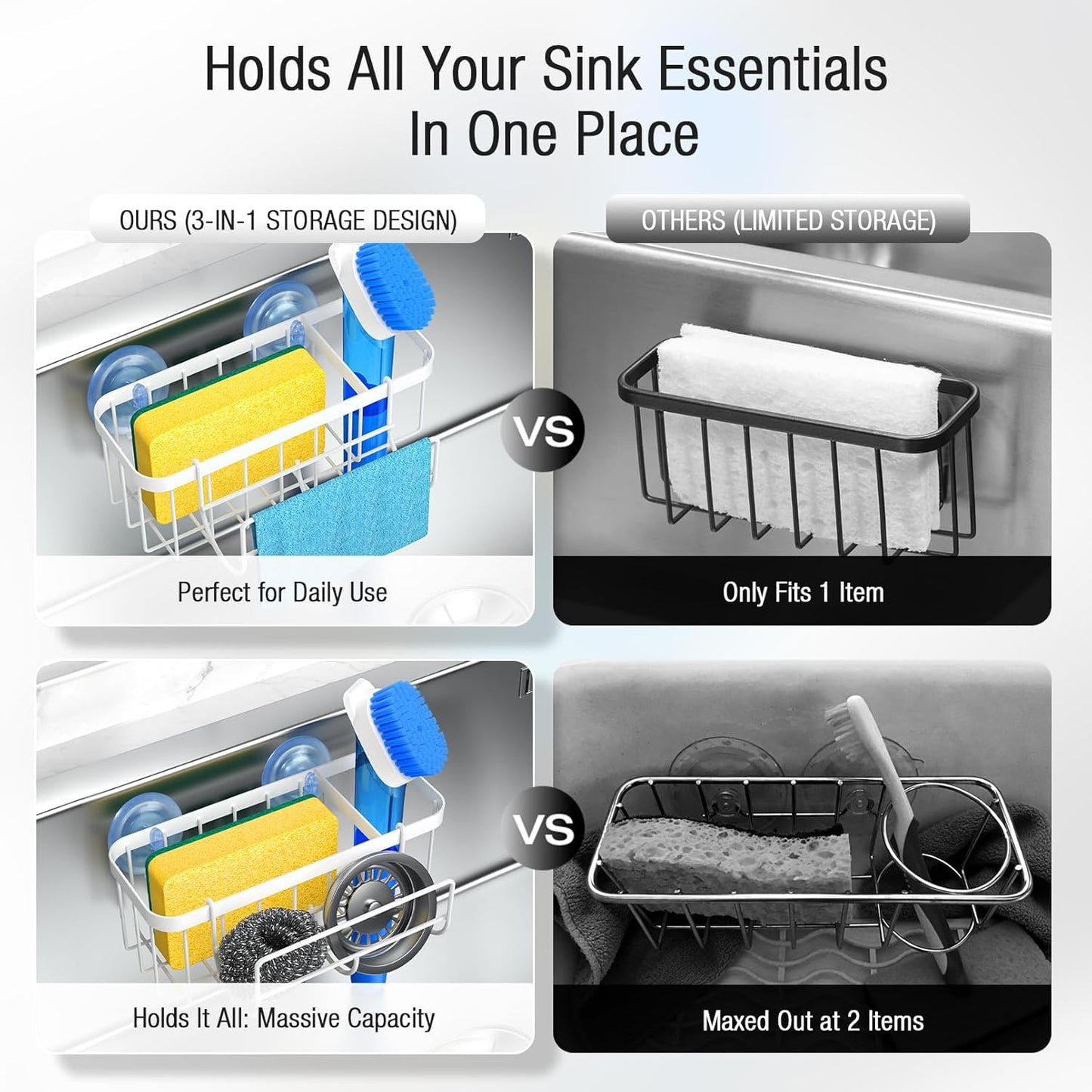 3-in-1 Kitchen Sink Caddy Organizer with Sponge Holder, Brush Holder, Extra Rack for Scrubber, Sink Stopper, Dish Cloth Hanger - Strong Dual Suction Cup, 2.0mm SUS304 Stainless Steel - Grey