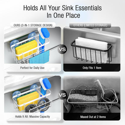 3-in-1 Kitchen Sink Caddy Organizer with Sponge Holder, Brush Holder, Extra Rack for Scrubber, Sink Stopper, Dish Cloth Hanger - Strong Dual Suction Cup, 2.0mm SUS304 Stainless Steel - Grey