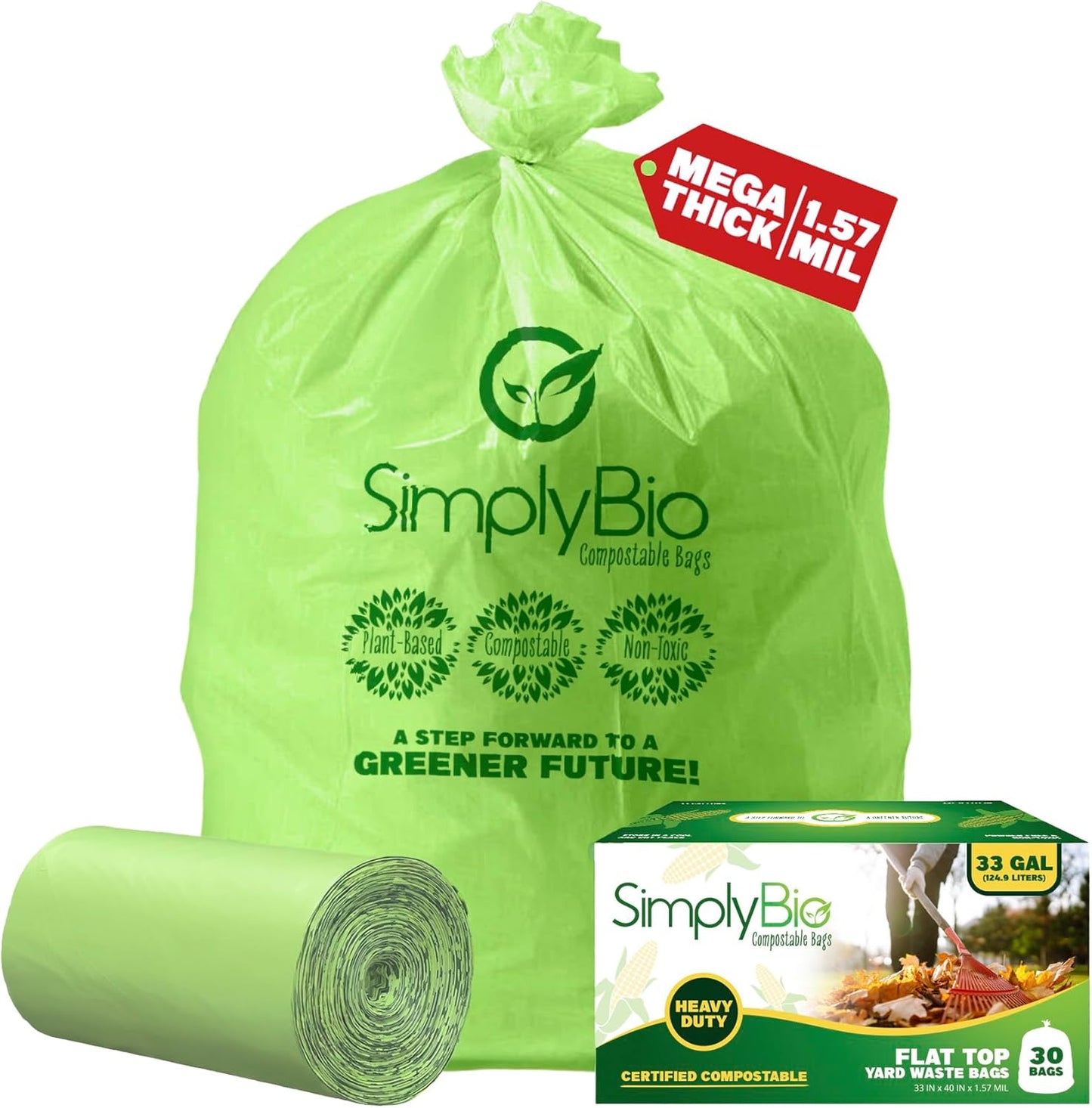 Simply Bio 60-65 Gallon Compostable Trash Bags Liners Flat-Top, Heavy Duty Extra Thick 2 Mil, 242.27 Liter, 12 Bags, Lawn, Yard, and Restaurant Use, ASTM D6400, US BPI, OK Compost Home Certified