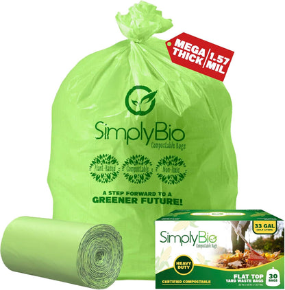 Simply Bio 60-65 Gallon Compostable Trash Bags Liners Flat-Top, Heavy Duty Extra Thick 2 Mil, 242.27 Liter, 12 Bags, Lawn, Yard, and Restaurant Use, ASTM D6400, US BPI, OK Compost Home Certified