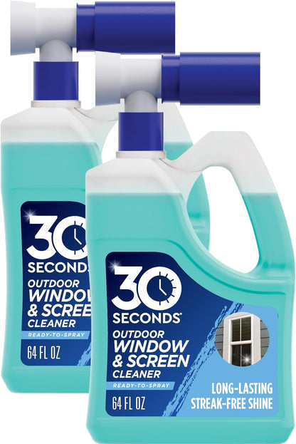 30 SECONDS Outdoor Window & Screen Concentrated Cleaner for Glass, Patio Doors, Fiberglass, Furniture - No Screen Removal Required, Spray & Rinse - Hose End Spray Attachment (2 PACK)
