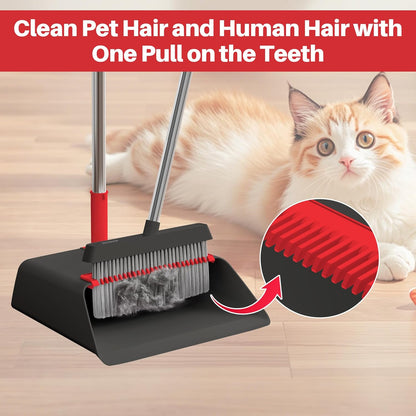 JOYMOOP White Broom and Dustpan Set, Upright Angle Design with Built-in Comb Teeth for Kitchen, Office, Pet Hair, Hard Floors