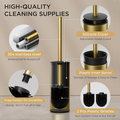 FORIOUS Toilet Brush and Holder Set, Heavy Duty 304 Stainless Steel Base Square and Long Handle for Bathroom Deep Cleaning, Drip-Proof, Space Saving for Storage, 2 Toilet Bowl Brush Head, Black