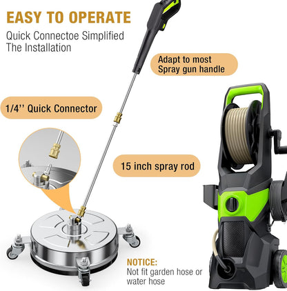 14" Pressure Washer Surface Cleaner with 4 Wheels, Stainless Steel Housing, 4000 PSI Max, 3 Connect Nozzles & 2 Extension Wands, Pressure Washer Surface Cleaner for Concrete, Patios, Sidewalks
