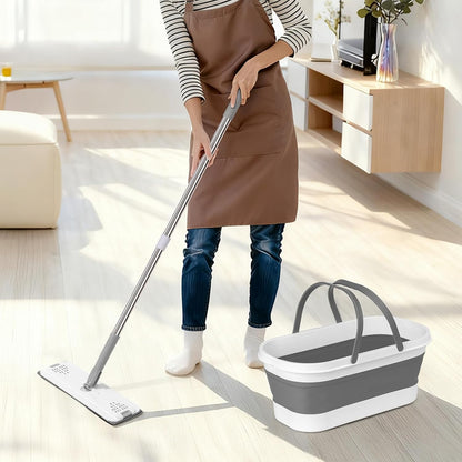 Flat Mop and Bucket Set with Heavy Duty Scrub Brush, 2 Washable Reusable Microfiber Pads, for Tile Hardwood, Wall Cleaning, Home Indoor or Outdoor Cleaning (White-Gray)