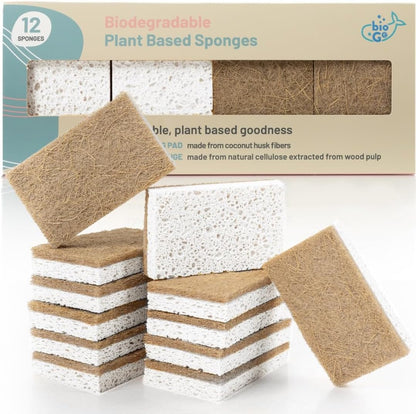 bioGo 12 Pack Natural Biodegradable Kitchen Sponges - Eco-Friendly, Compostable, Cellulose Dish - Compostable - Biodegradable - Cellulose Sponge