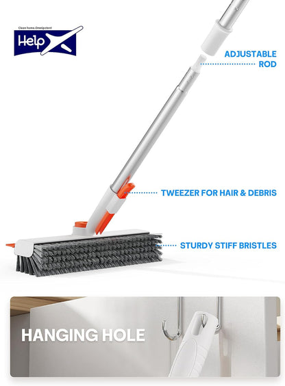 Floor Scrub Brush with Long Handle, 3 in 1 Scrape and Heavy-Duty Stiff Bristle Floor Scrubber Brush with Squeegee and Tweezer for Cleaning Tile Wall Deck Bathroom Patio Garage Kitchen (White)