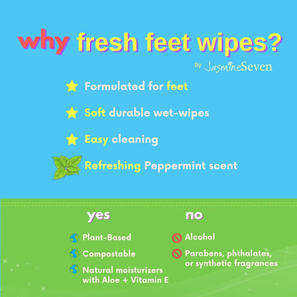 Jasmine Seven Fresh Feet Wipes - Peppermint - 45 Count Resealable Canister (Natural Foot and Body Wet Wipes)