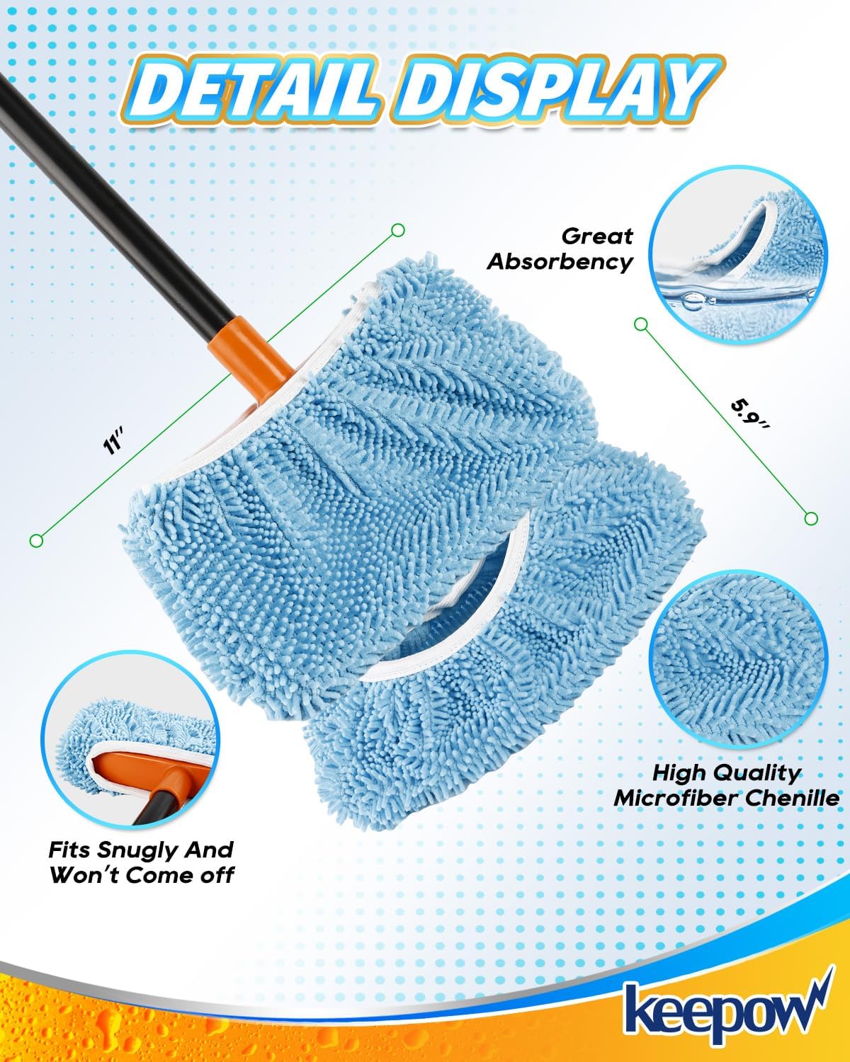KEEPOW 4 Pack Washable Chenille Broom Pads, Baseboard Cleaner Cloth Covers for Daily Dusting, Reusable Broom Covers Compatible with Standard Brooms Under 11×5.9 in for Floors & Walls (Blue & Green