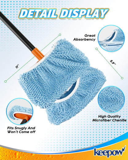KEEPOW 4 Pack Washable Chenille Broom Pads, Baseboard Cleaner Cloth Covers for Daily Dusting, Reusable Broom Covers Compatible with Standard Brooms Under 11×5.9 in for Floors & Walls (Blue & Green